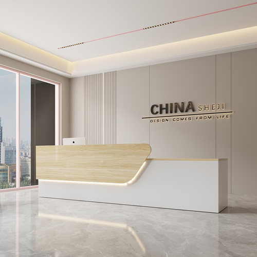 收银台简约现代轻奢公司前台桌接待台烤漆美容店机构粉色转角吧台 - 图0