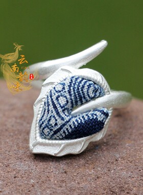 贵州民族风手工苗银蜡染女款戒指