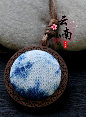 蓝染毛衣链民族扎染项链旧木雕花