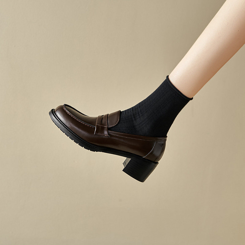 ins店主力荐！巨好穿~真皮圆头一脚蹬乐福鞋女中跟通勤小皮鞋粗跟,淘宝优惠券,粉丝福利购,淘宝优惠卷