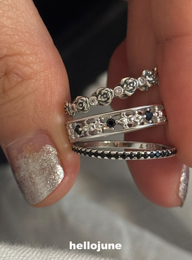 hellojune S925银复古感做旧玫瑰细戒 镂空自由鸢尾花银戒