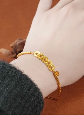 碎冰冰铜钱五帝钱币手链女S925纯银镀24k金色国风新中式盘缠手串