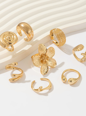 欧美度假新款时尚ins花朵海洋金属感戒指女个性夸张指环手饰叠戴