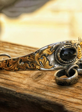 镶金&黑曜石古董银勺手链