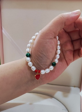 6-7mm强光天然珍珠手链新中式红绿米珠送闺蜜新年礼物手串饰品