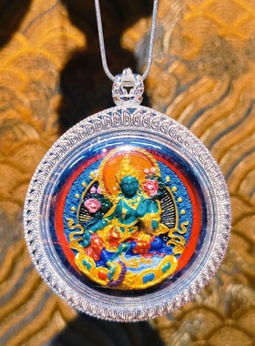 圆形双面黄财神绿度母手绘擦擦唐卡嘎乌盒吊坠立体大黑天