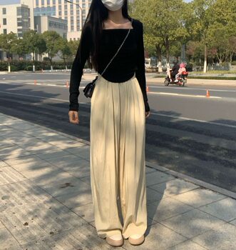 billkong Korean style light khaki thin Japanese style ແອວສູງ Zen wide leg pants texture Zen lazy floor mopping Yamamoto pants