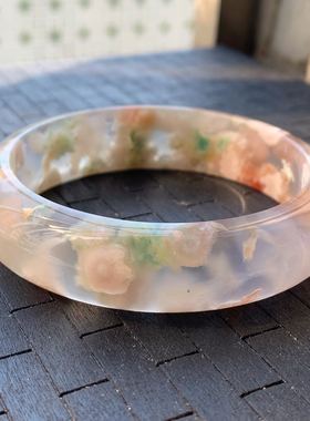 天然冰种玛瑙手镯芥末绿陶瓷飘花