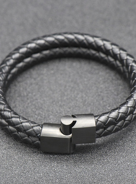 时尚黑色双层真皮手链百搭磨砂