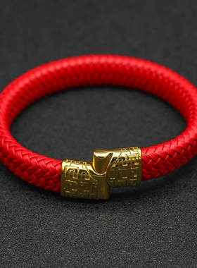 红色百搭本命年手镯刻字编织皮绳