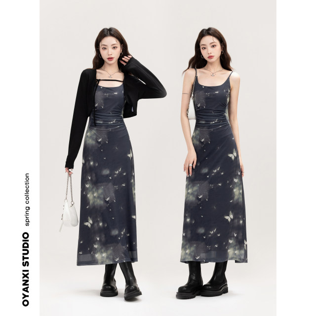 Original design by Ouyang Xi<Art Museum Fantasy>Pure desire printed long dress for women's spring high waisted slimming dress