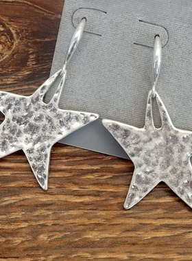 西洋欧美风磨花做旧银色海星五角星文艺范耳环坠项链套装