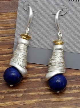 西洋欧美手工绕丝青金石设计师腔调文艺气质潮人耳环坠项链套装