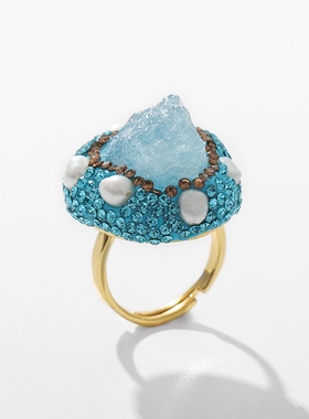 气质夸张欧美风项链耳环戒指蓝色三件套2023年新款潮时尚耳坠颈链