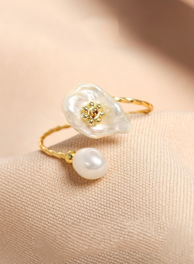 淡水珍珠巴洛克戒指时尚花朵