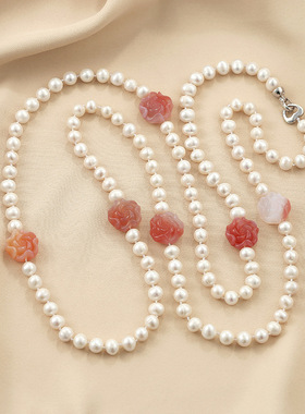 纯银珍珠项链时尚花苞设计双层