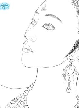 工笔画白描底稿中国红敦煌仕女