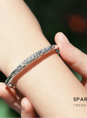 花开富贵银手镯女9999纯银年轻款实心足银镯子送妈妈女友生日礼物