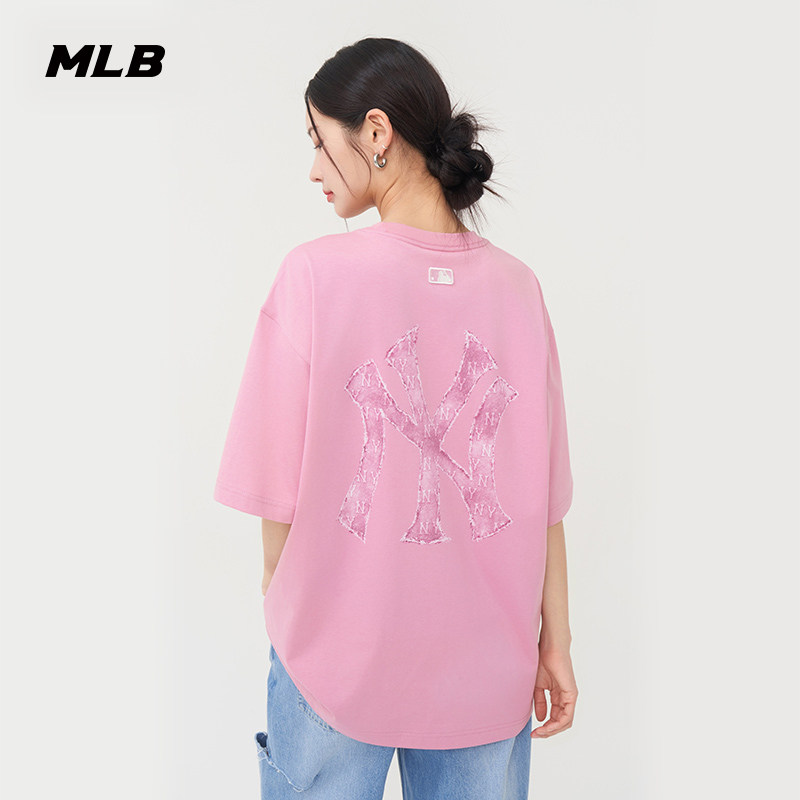 MLB短袖男女情侣25夏季新款大logo牛仔做旧凉感宽松T恤3ATSM0953,淘宝优惠券,粉丝福利购,淘宝优惠卷