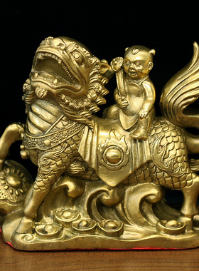 纯铜麒麟送子家居风水用品客厅镇宅求子电视柜卧室黄铜麒麟工艺品