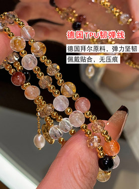 双层叠戴招财黄粉色水晶手链女春夏轻奢小众精致高级手串