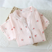 Round Collar Cotton Cotton Pyjamas Lady Full Cotton Double Layer Washed Gauze Spring Autumn Season Long Sleeves Pure Cotton No Collar Home Suit Suit