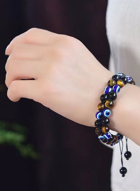 天然多宝8mm手链搭配黑玛瑙黄虎圆珠纯手工制作