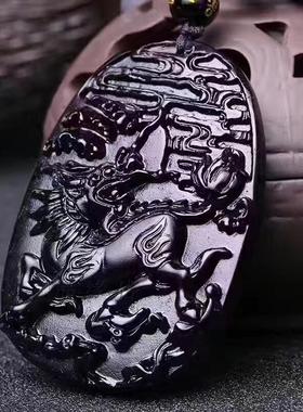 乌金黑曜石麒麟献瑞男女款吊坠