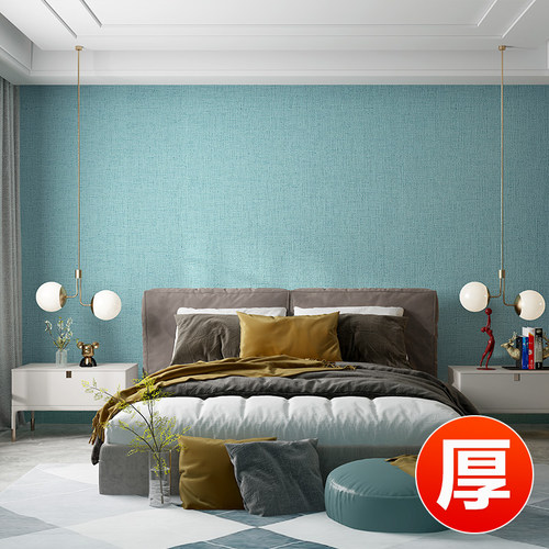 加厚无纺布家用墙纸草编亚麻布纹卧室客厅素色日式简约非自粘壁纸 - 图0