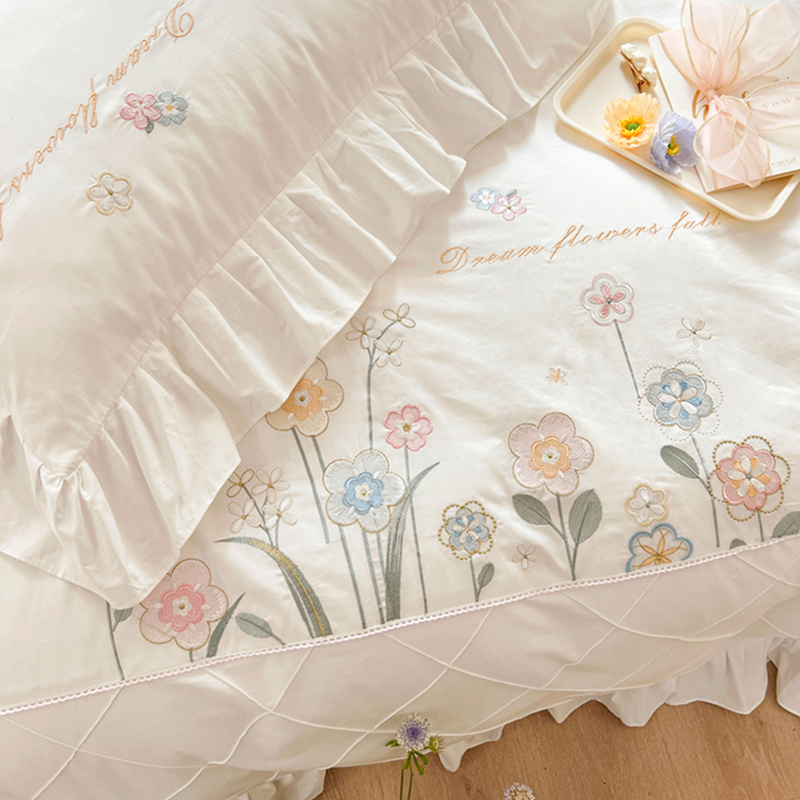 ins全棉仙女白色床单被套床上四件套纯棉网红公主风法式刺绣床品