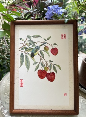 纯手绘国画荔枝花鸟装饰画客厅卧室挂画家居摆画尺寸A4大吉大利