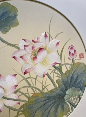 中式国画荷花工笔画装饰画客厅卧室挂画宋氏美学家居摆画33x33cm