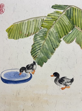 纯手绘简约国画芭蕉鸭嬉装饰画客厅卧室挂画家居摆画尺寸A4