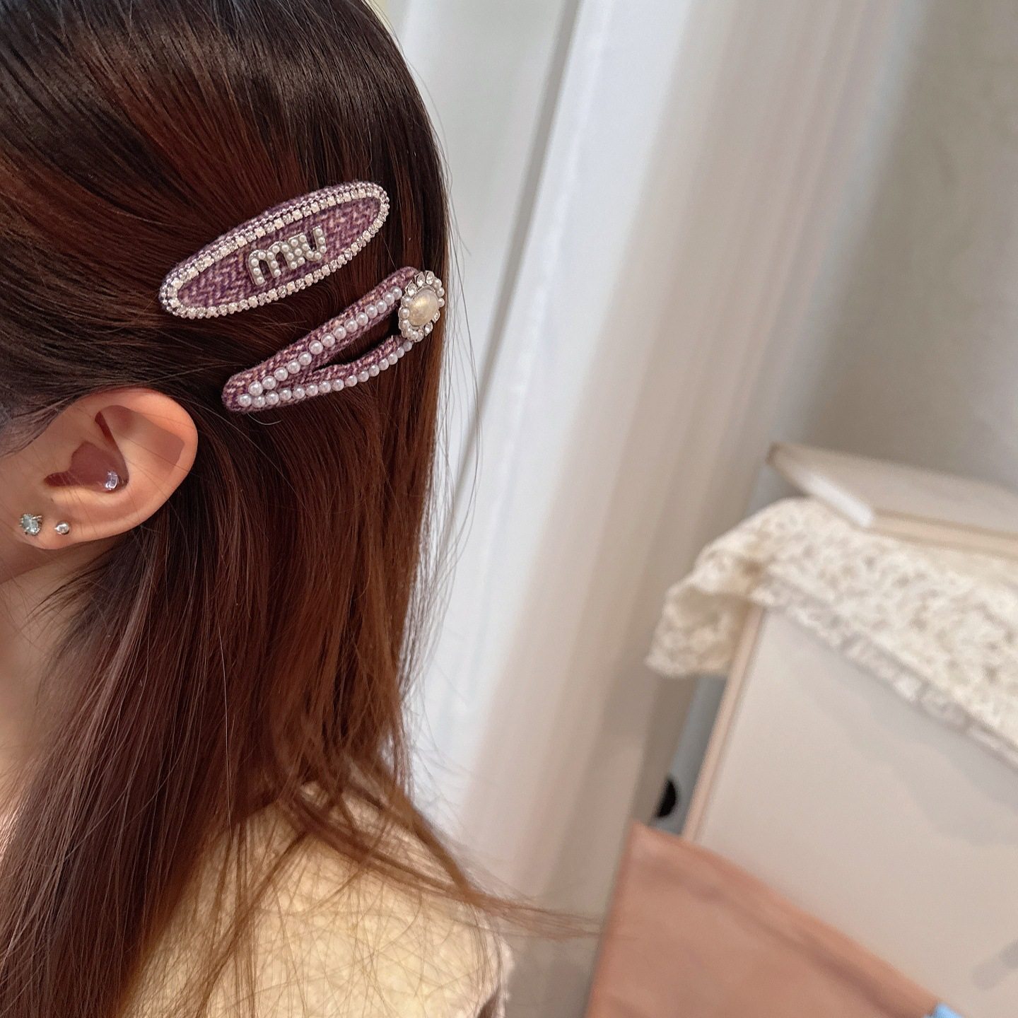 温柔风紫色椭圆水钻字母掰掰夹简约百搭碎发夹韩系新款侧边刘海夹,淘宝优惠券,粉丝福利购,淘宝优惠卷