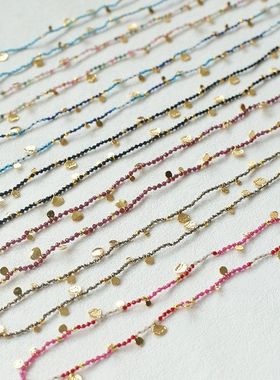 波西米亚风手工编织金属亮片天然石项链女彩色多戴叠搭长款颈链