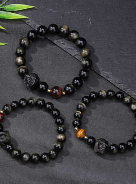 天然双眼金曜银曜石醒狮文玩手串