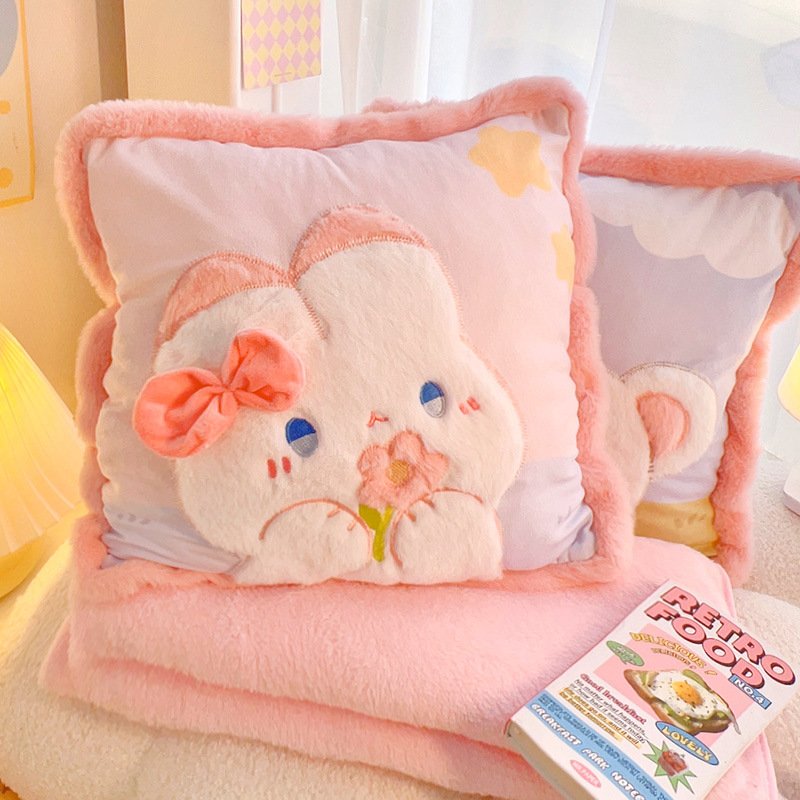 夏凉抱枕毯子二合一可爱猫咪兔子枕头两用办公室午睡车载抱枕被 - 图1