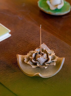 手工莲花带托盘线香插景德镇陶瓷