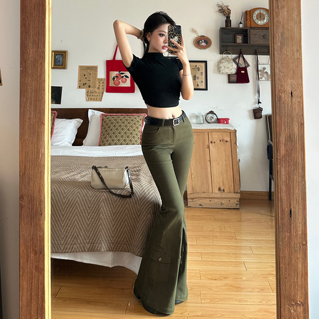Gagaopt ແອວສູງ bootcut pants ບາດເຈັບ