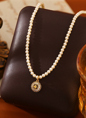 幸运镂空八芒星吊坠施家珍珠项链时尚百搭毛衣链高级感颈链饰品女