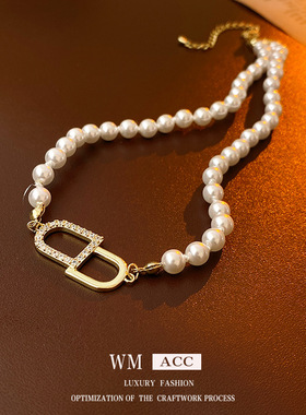 珍珠项链真金电镀锆石字母气质百搭锁骨链轻奢高级感个性项饰品女