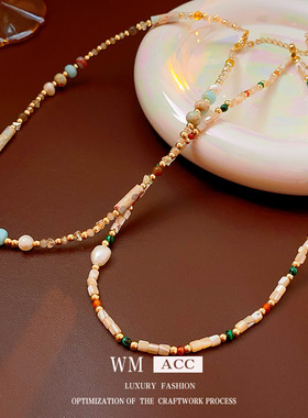 巴洛克淡水珍珠项链简约气质彩色串珠锁骨链小众轻奢高级感项饰品