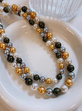 轻奢混彩马卡龙珍珠项链925银美拉德混彩珍珠项链女珍珠锁骨链