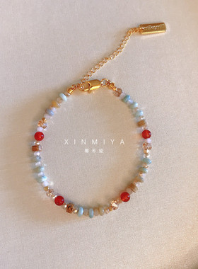 夏日出游彩色多巴胺混合水晶串珠手链女小众设计感轻奢复古手饰品