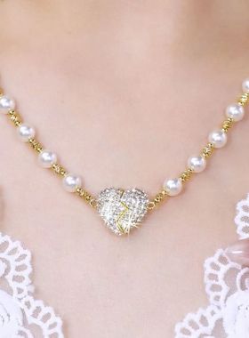 思慕琦铜仿珍珠圆珠链女爱心项链