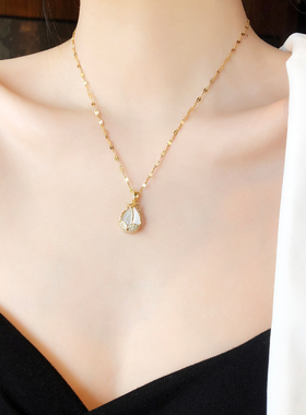 猫眼石水滴吊坠钛钢项链简约时尚潮锁骨链冷淡风韩版东大门设计感