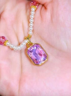 新款紫色方形水晶珍珠项链