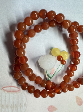 6mmA货红玛瑙手链樱桃红双圈手串配白玉蓬蓬原创本命年新年礼物