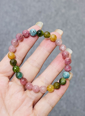 天然彩碧玺手链女款单圈时尚小清新糖果色水晶手串饰品百搭礼物