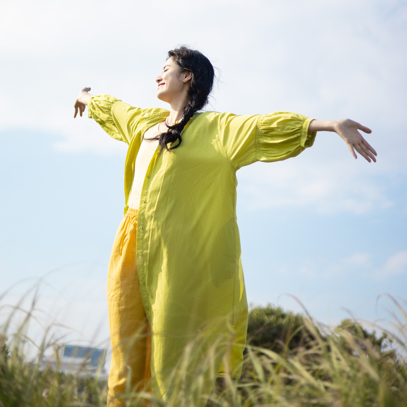 绽放436朵/苹果绿色进口棉小立领开门襟灯笼袖七分袖开襟连衣裙女-图0